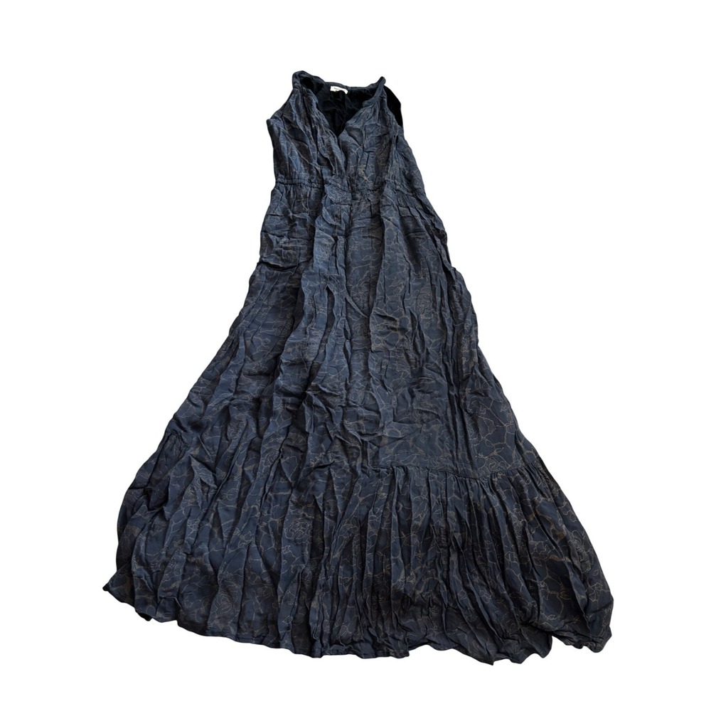 World Market Maxi Dress L/XL Blue Gold Floral Boho Crinkle Sleeveless Tiered - Picture 1 of 8
